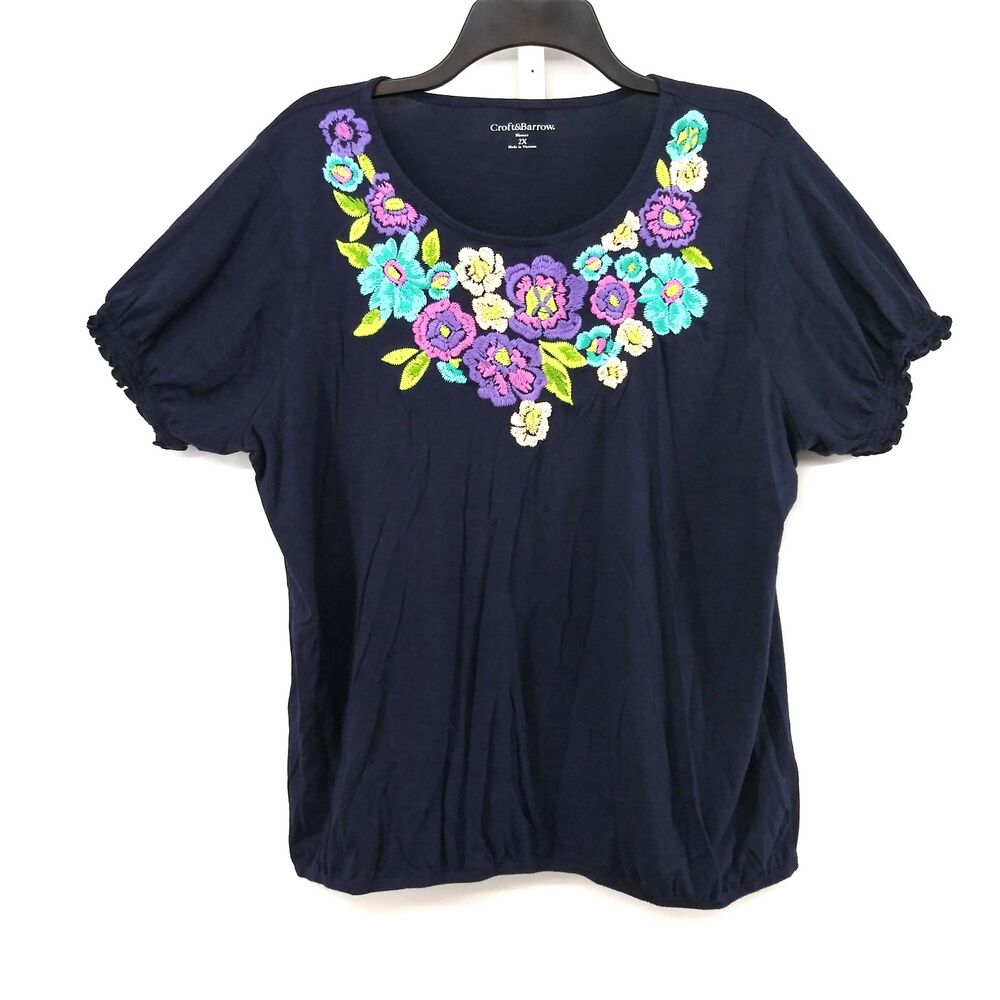 Croft & Barrow Shirt Women Size 2X Dark Blue Embroidered Floral Round Neck Top